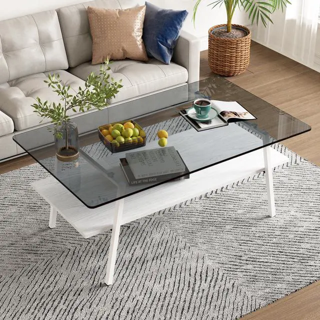 Alt view image 2 of 7 - Rectangle Coffee Table, Tempered Glass Tabletop with White Metal Legs, Modern Table for Living Room , Gray Glass