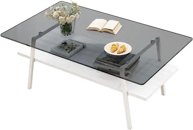 Alt view image 4 of 7 - Rectangle Coffee Table, Tempered Glass Tabletop with White Metal Legs, Modern Table for Living Room , Gray Glass
