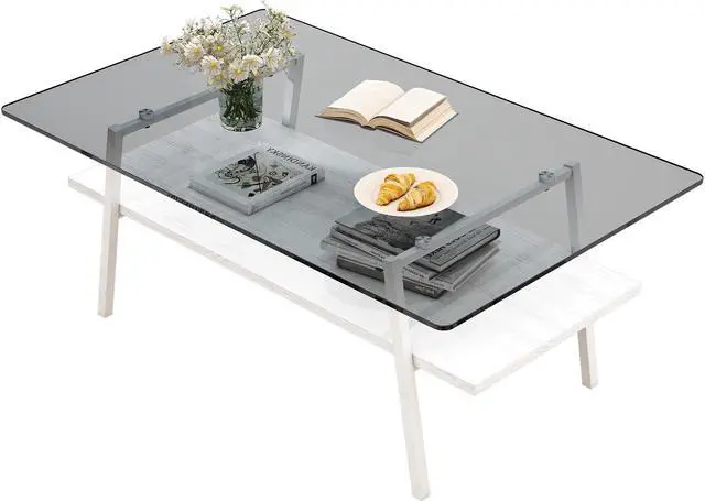 Alt view image 3 of 7 - Rectangle Coffee Table, Tempered Glass Tabletop with White Metal Legs, Modern Table for Living Room , Gray Glass