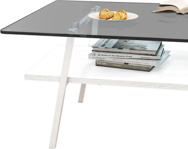 Alt view image 6 of 7 - Rectangle Coffee Table, Tempered Glass Tabletop with White Metal Legs, Modern Table for Living Room , Gray Glass