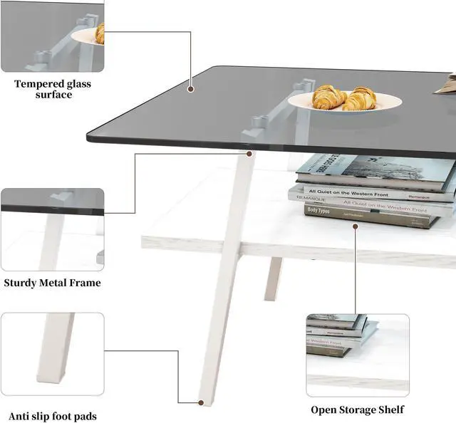 Alt view image 7 of 7 - Rectangle Coffee Table, Tempered Glass Tabletop with White Metal Legs, Modern Table for Living Room , Gray Glass