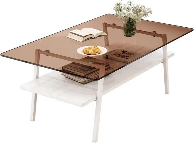 Alt view image 2 of 6 - Rectangle Coffee Table, Tempered Glass Tabletop with White Metal Legs, Modern Table for Living Room , Brown Glass