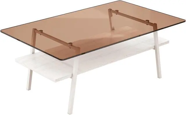 Alt view image 3 of 6 - Rectangle Coffee Table, Tempered Glass Tabletop with White Metal Legs, Modern Table for Living Room , Brown Glass
