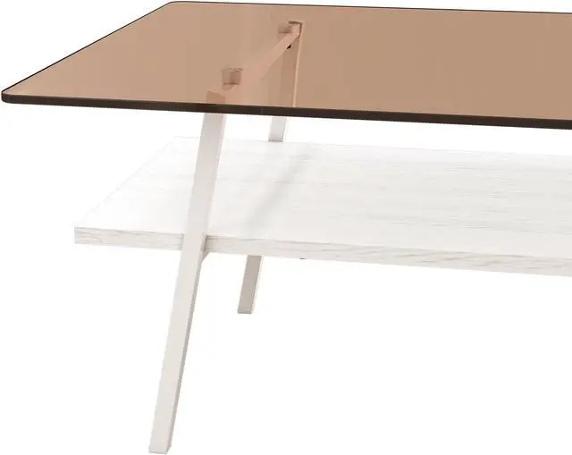 Alt view image 5 of 6 - Rectangle Coffee Table, Tempered Glass Tabletop with White Metal Legs, Modern Table for Living Room , Brown Glass