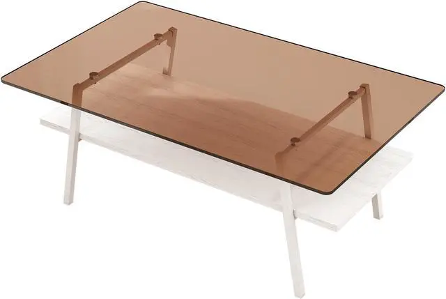 Alt view image 4 of 6 - Rectangle Coffee Table, Tempered Glass Tabletop with White Metal Legs, Modern Table for Living Room , Brown Glass