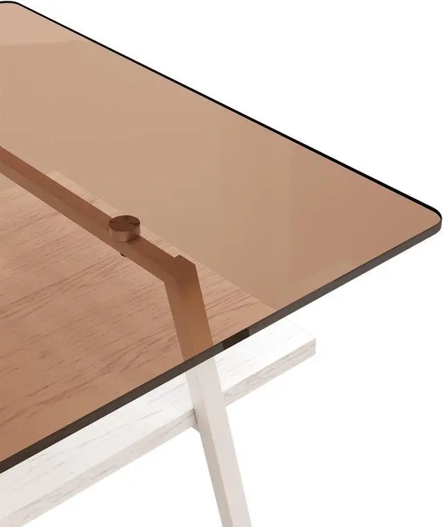 Alt view image 6 of 6 - Rectangle Coffee Table, Tempered Glass Tabletop with White Metal Legs, Modern Table for Living Room , Brown Glass
