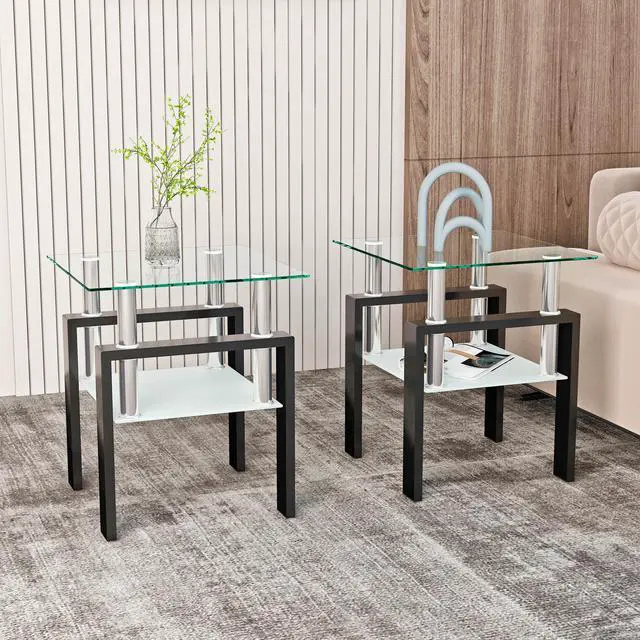 Alt view image 2 of 7 - Set of 2, Modern Tempered Glass Tea Table Coffee Table End Table, Square Table for Living Room, Transparent/Black