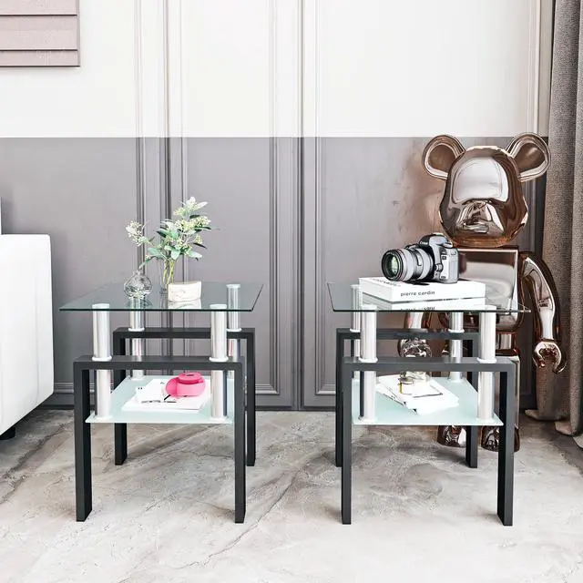 Alt view image 3 of 7 - Set of 2, Modern Tempered Glass Tea Table Coffee Table End Table, Square Table for Living Room, Transparent/Black