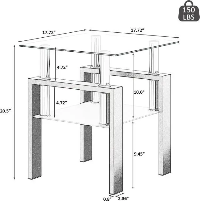Alt view image 6 of 7 - Set of 2, Modern Tempered Glass Tea Table Coffee Table End Table, Square Table for Living Room, Transparent/Black