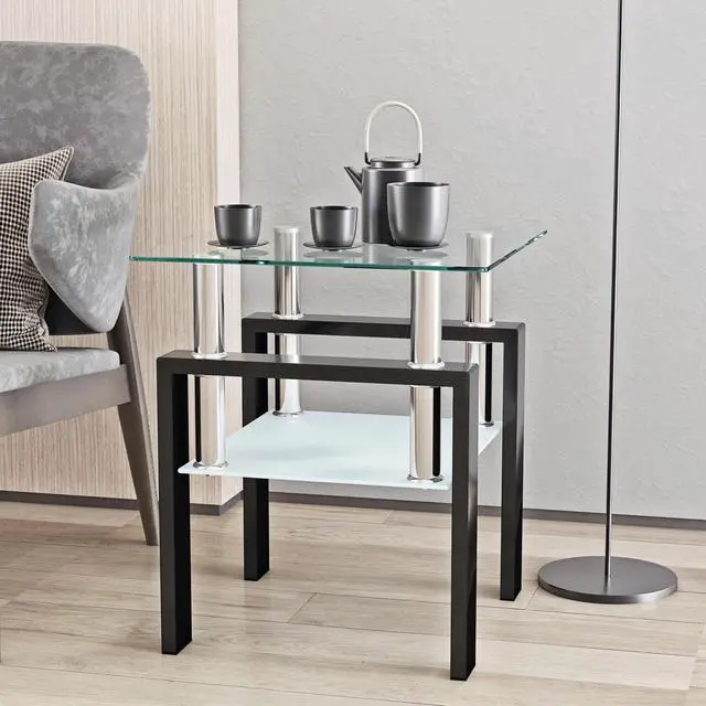 Main image of 1-Piece Modern Tempered Glass Tea Table Coffee Table End Table, Square Table for Living Room, Transparent/Black