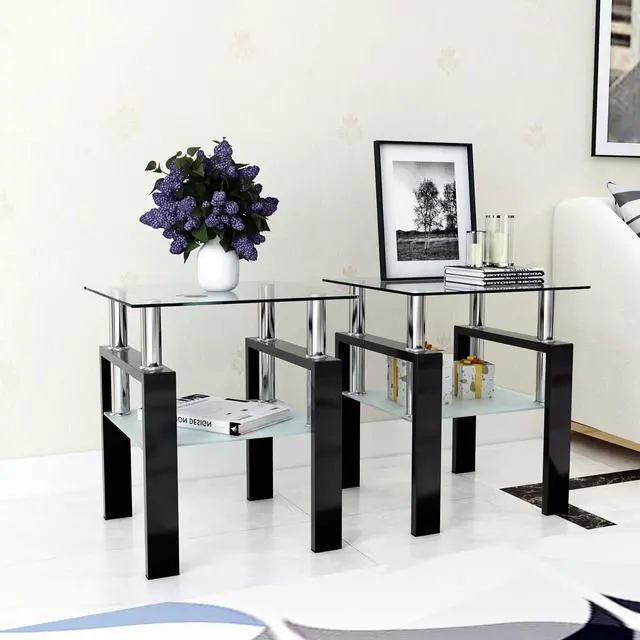 Alt view image 4 of 7 - Set of 2, Modern Tempered Glass Tea Table Coffee Table End Table, Square Table for Living Room, Transparent/Black
