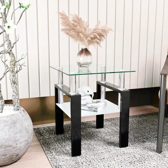 Alt view image 2 of 7 - 1-Piece Modern Tempered Glass Tea Table Coffee Table End Table, Square Table for Living Room, Transparent/Black