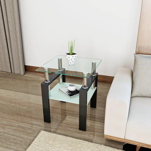 Alt view image 3 of 7 - 1-Piece Modern Tempered Glass Tea Table Coffee Table End Table, Square Table for Living Room, Transparent/Black
