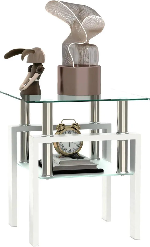 Alt view image 5 of 7 - 1-Piece Modern Tempered Glass Tea Table Coffee Table End Table, Square Table for Living Room, Transparent/White