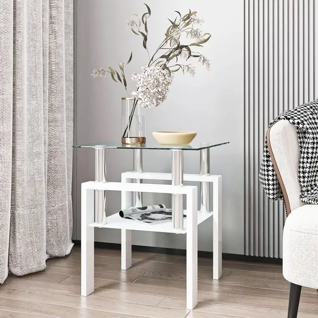 Main image of 1-Piece Modern Tempered Glass Tea Table Coffee Table End Table, Square Table for Living Room, Transparent/White