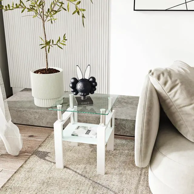 Alt view image 4 of 7 - 1-Piece Modern Tempered Glass Tea Table Coffee Table End Table, Square Table for Living Room, Transparent/White