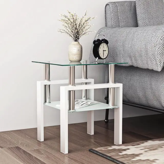 Alt view image 3 of 7 - 1-Piece Modern Tempered Glass Tea Table Coffee Table End Table, Square Table for Living Room, Transparent/White