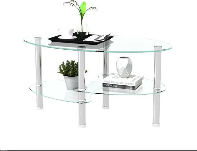 Alt view image 2 of 6 - Transparent Oval glass coffee table, modern table with stainless steel  leg, tea table 3-layer glass table for living room