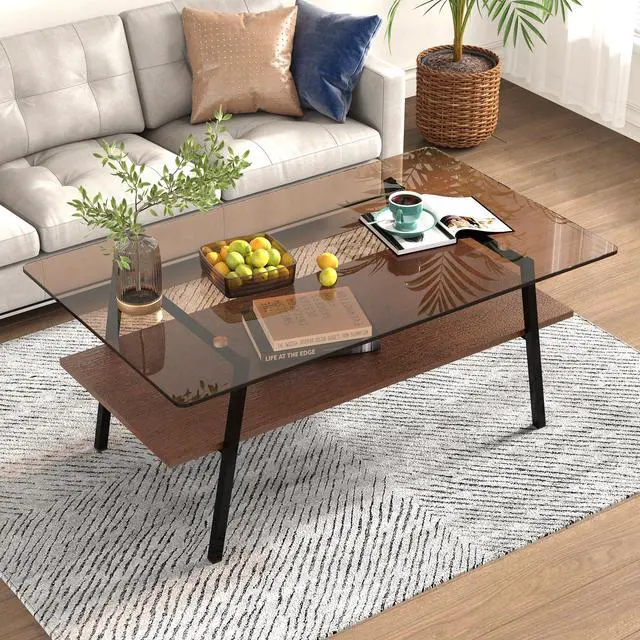 Alt view image 2 of 7 - Rectangle Coffee Table, Tempered Glass Tabletop with Black Metal Legs, Modern Table for Living Room , Brown Glass