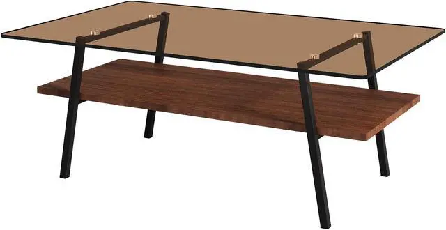 Alt view image 5 of 7 - Rectangle Coffee Table, Tempered Glass Tabletop with Black Metal Legs, Modern Table for Living Room , Brown Glass