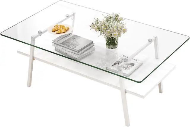 Alt view image 4 of 7 - Rectangle Coffee Table, Tempered Glass Tabletop with White Metal Legs, Modern Table for Living Room , Transparent Glass