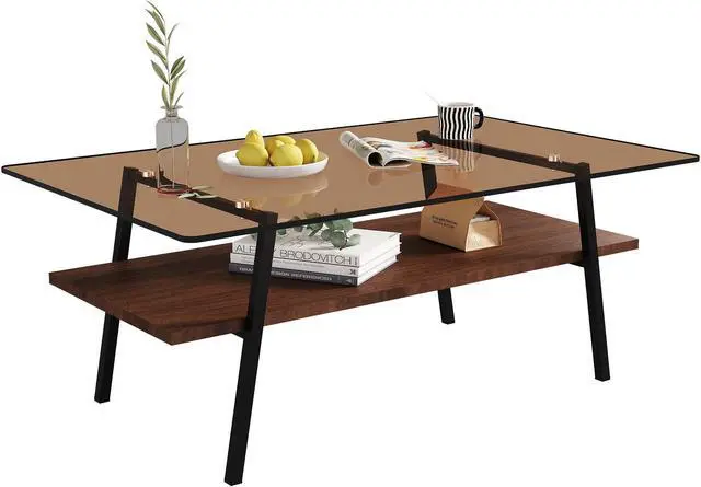 Alt view image 4 of 7 - Rectangle Coffee Table, Tempered Glass Tabletop with Black Metal Legs, Modern Table for Living Room , Brown Glass