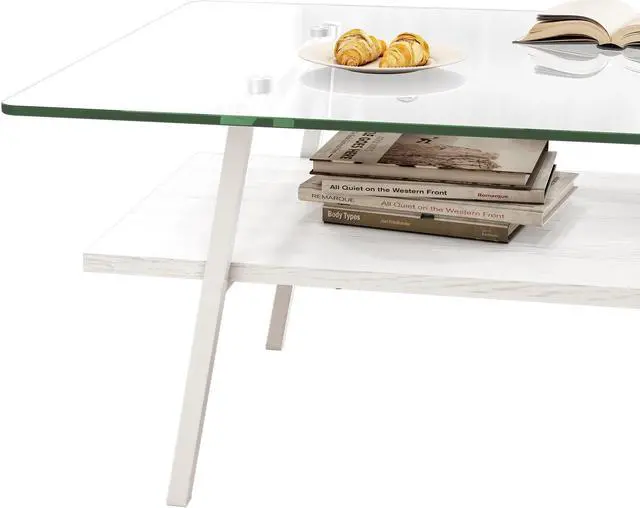 Alt view image 5 of 7 - Rectangle Coffee Table, Tempered Glass Tabletop with White Metal Legs, Modern Table for Living Room , Transparent Glass
