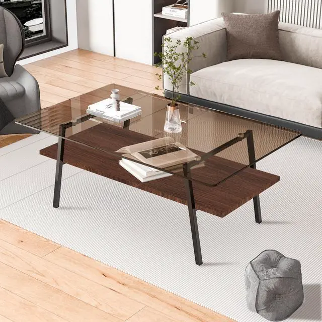 Alt view image 3 of 7 - Rectangle Coffee Table, Tempered Glass Tabletop with Black Metal Legs, Modern Table for Living Room , Brown Glass