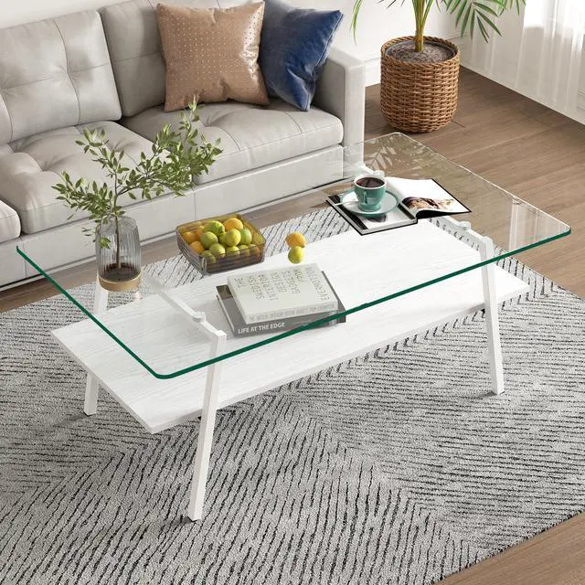 Alt view image 2 of 7 - Rectangle Coffee Table, Tempered Glass Tabletop with White Metal Legs, Modern Table for Living Room , Transparent Glass