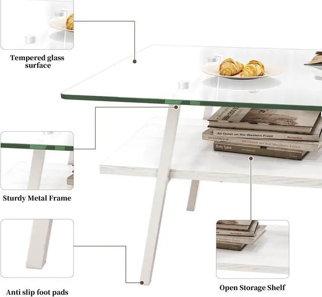 Alt view image 6 of 7 - Rectangle Coffee Table, Tempered Glass Tabletop with White Metal Legs, Modern Table for Living Room , Transparent Glass