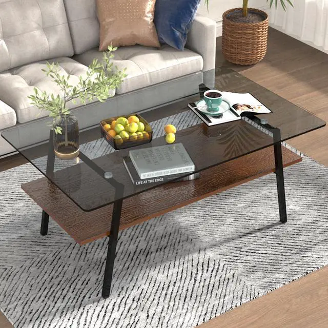 Alt view image 2 of 7 - Rectangle Coffee Table, Tempered Glass Tabletop with Black Metal Legs, Modern Table for Living Room , Gray Glass
