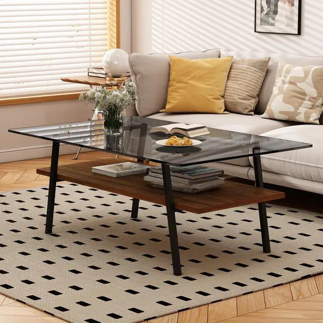 Main image of Rectangle Coffee Table, Tempered Glass Tabletop with Black Metal Legs, Modern Table for Living Room , Gray Glass