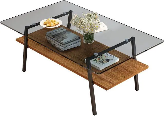 Alt view image 3 of 7 - Rectangle Coffee Table, Tempered Glass Tabletop with Black Metal Legs, Modern Table for Living Room , Gray Glass