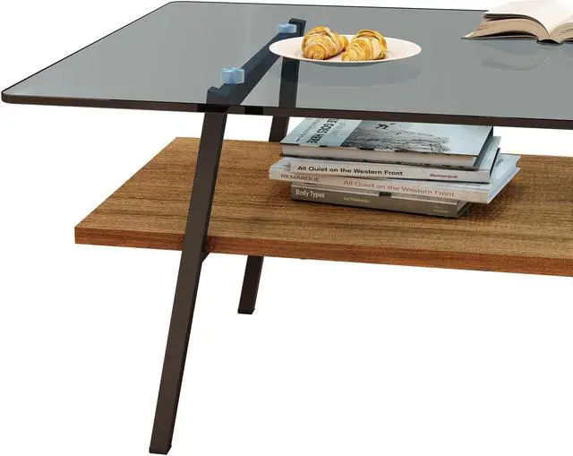 Alt view image 7 of 7 - Rectangle Coffee Table, Tempered Glass Tabletop with Black Metal Legs, Modern Table for Living Room , Gray Glass
