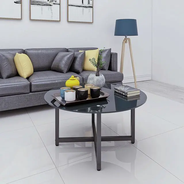 Alt view image 2 of 5 - 35.5'' Round Whole Black Coffee Table, Clear Coffee TableModern Side Center Tables for Living Room Living Room Furniture