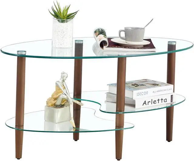 Alt view image 2 of 7 - Transparent Oval glass coffee table, modern table in living room Oak wood leg tea table 3-layer  glass table