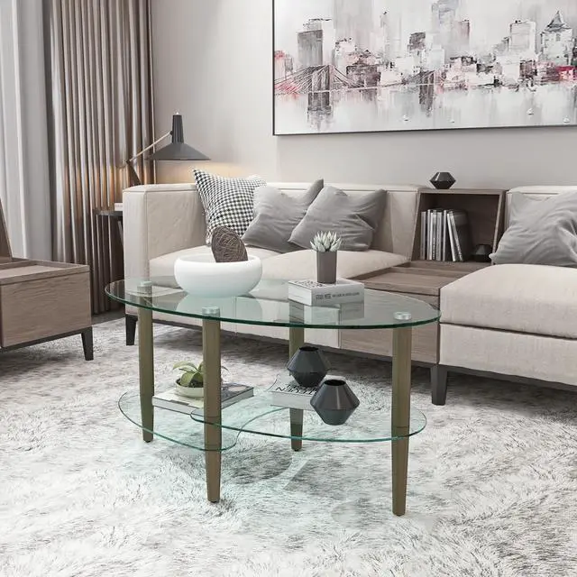 Alt view image 3 of 7 - Transparent Oval glass coffee table, modern table in living room Oak wood leg tea table 3-layer  glass table