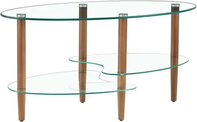 Alt view image 5 of 7 - Transparent Oval glass coffee table, modern table in living room Oak wood leg tea table 3-layer  glass table