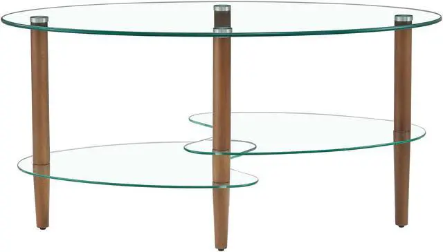 Alt view image 6 of 7 - Transparent Oval glass coffee table, modern table in living room Oak wood leg tea table 3-layer  glass table