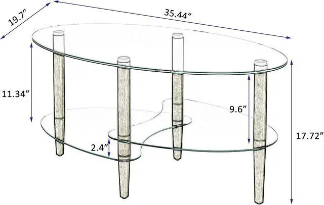 Alt view image 7 of 7 - Transparent Oval glass coffee table, modern table in living room Oak wood leg tea table 3-layer  glass table