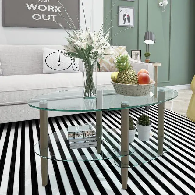 Alt view image 4 of 7 - Transparent Oval glass coffee table, modern table in living room Oak wood leg tea table 3-layer  glass table