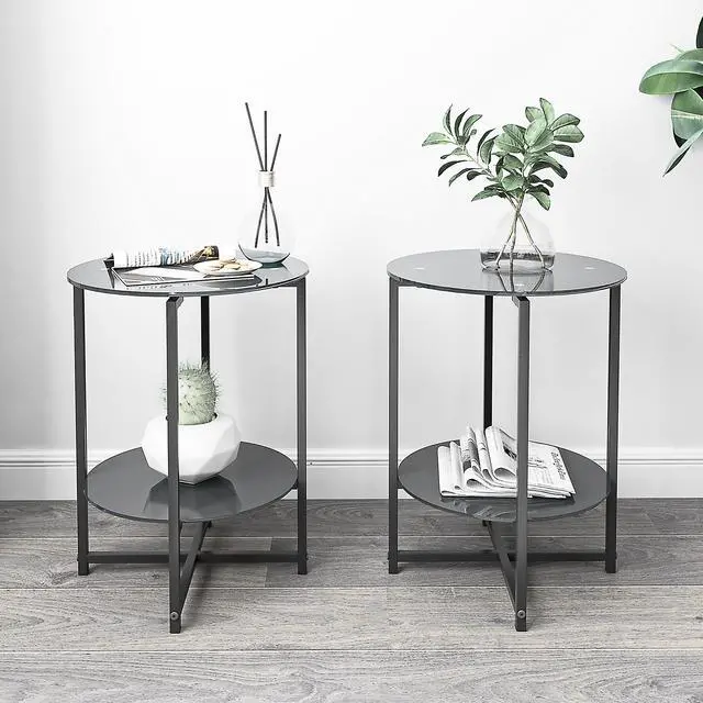 Main image of 2-piece set (Black) Tempered Glass End Table, Round Coffee Table for Bedroom Living Room Office