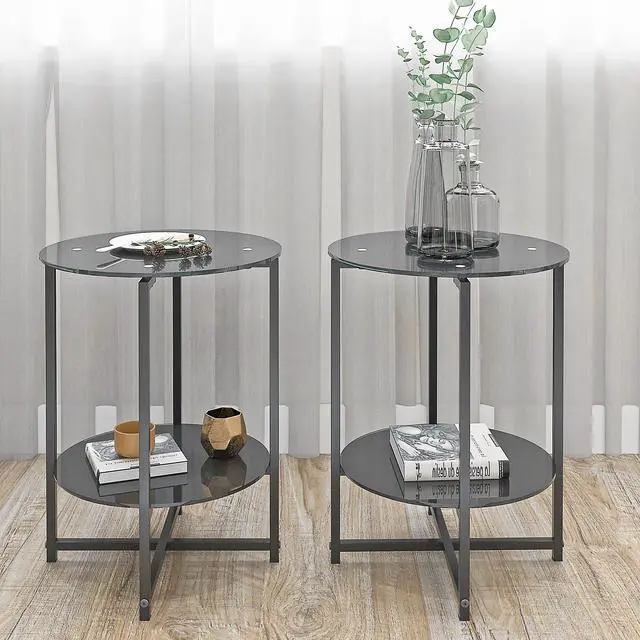 Alt view image 2 of 7 - 2-piece set (Black) Tempered Glass End Table, Round Coffee Table for Bedroom Living Room Office
