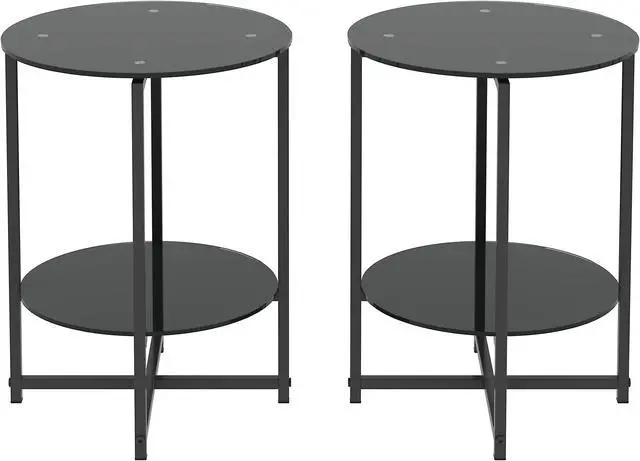 Alt view image 6 of 7 - 2-piece set (Black) Tempered Glass End Table, Round Coffee Table for Bedroom Living Room Office