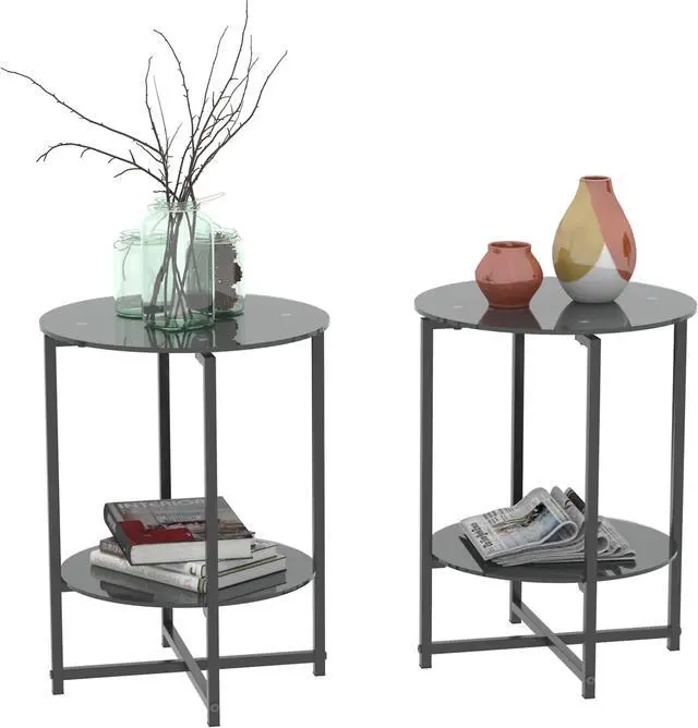 Alt view image 3 of 7 - 2-piece set (Black) Tempered Glass End Table, Round Coffee Table for Bedroom Living Room Office
