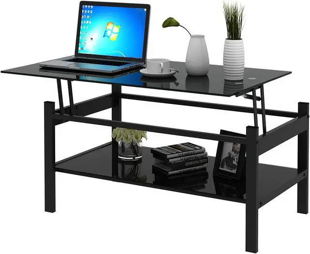 Alt view image 5 of 7 - Glass Lift Top Coffee Table, Modern Simple 2-Layer Tempered Glass Coffee Table for Living Room, Black