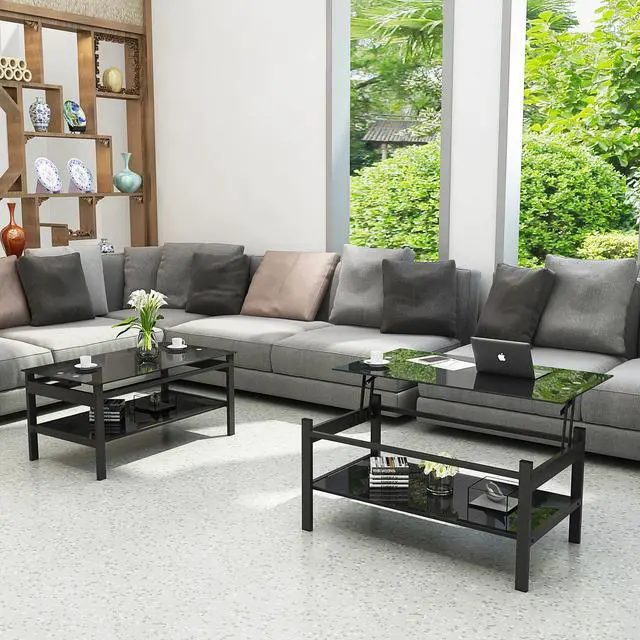 Alt view image 2 of 7 - Glass Lift Top Coffee Table, Modern Simple 2-Layer Tempered Glass Coffee Table for Living Room, Black