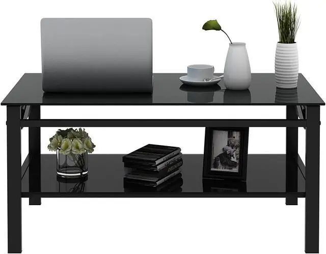 Alt view image 6 of 7 - Glass Lift Top Coffee Table, Modern Simple 2-Layer Tempered Glass Coffee Table for Living Room, Black