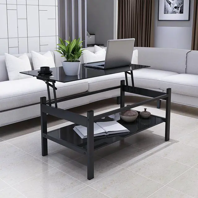Alt view image 3 of 7 - Glass Lift Top Coffee Table, Modern Simple 2-Layer Tempered Glass Coffee Table for Living Room, Black