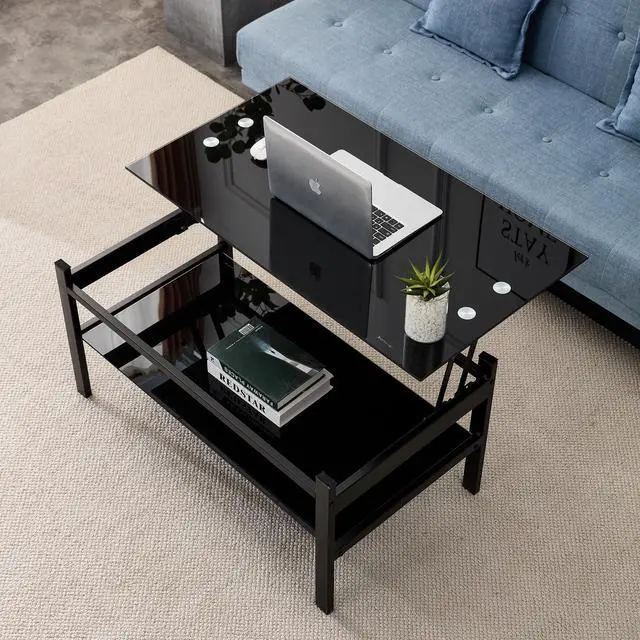Main image of Glass Lift Top Coffee Table, Modern Simple 2-Layer Tempered Glass Coffee Table for Living Room, Black